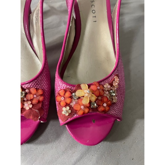 Karen Scott Pink Raffia Floral Embellished Slingback Heels Size 8 Peep Toe - Picture 1 of 9